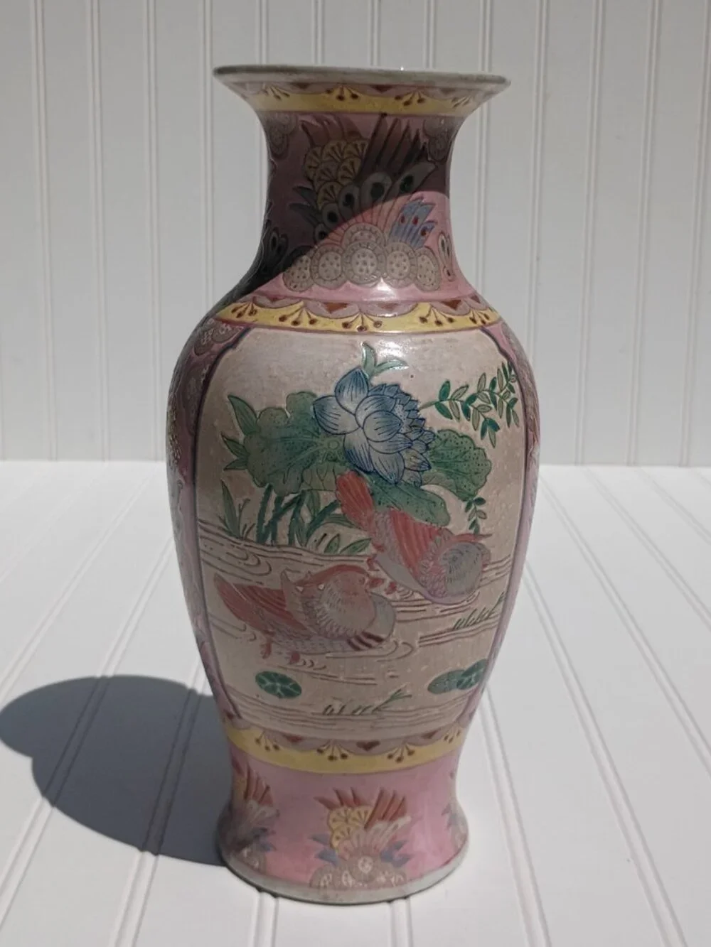 Vintage Pink Porcelain Vase Famille Rose Mandarin Ducks Lotus Flowers Chinese